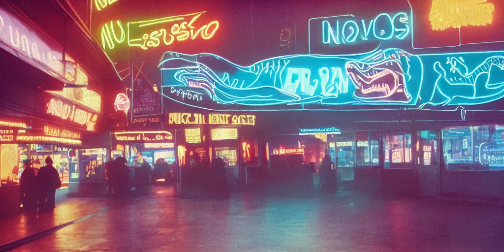 Image similar to movie still, dinosaur as neon sign, inside of a 1 9 7 0 s street, neon lights, ektachrome photograph, volumetric lighting, f 8 aperture, cinematic eastman 5 3 8 4 film