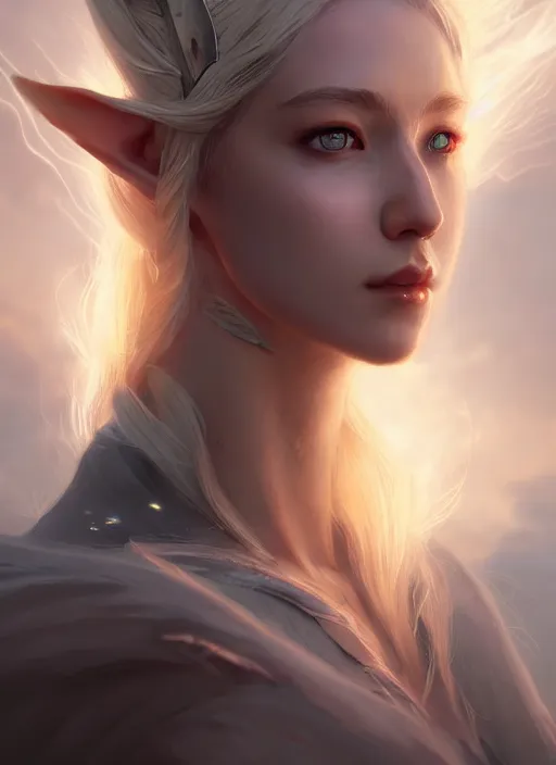 Image similar to Half-body portrait of a beautiful elven princess with blonde hair and luminous aura. In style of Hyung-tae Kim and Greg Rutkowski, concept art, trending on ArtStation, Korean MMORPG, over-detailed art, 8K, epic, dynamic lightning, dramatic pose.