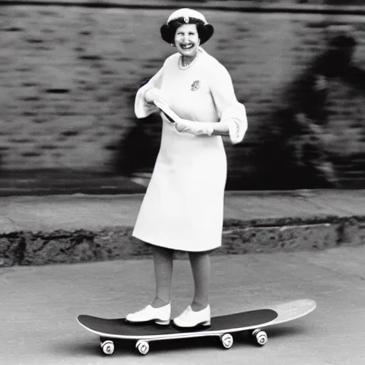 Image similar to queen elizabeth riding a skateboard