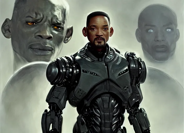 Image similar to will smith as victor stone, full body concept, cyborg, borg, strogg, face of a man, terminator, flesh, quake strogg, doom demon, wolfenstein, monstrous, powerful, symmetry, symmetrical, concept art by ruan jia and greg rutkowski