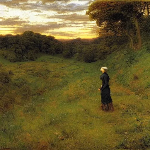 Image similar to Wanderer looking at a lush valley, distant forest, sunset, sunrays, masterful painting by John Everette Millais