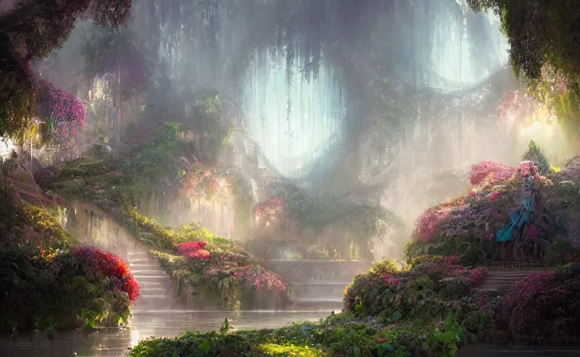 Prompt: Beautiful eden garden, next to a haven and a mystical palace, intricate, elegant, volumetric lighting, digital painting, highly detailed, artstation, sharp focus, illustration, concept art, ruan jia, steve mccurry