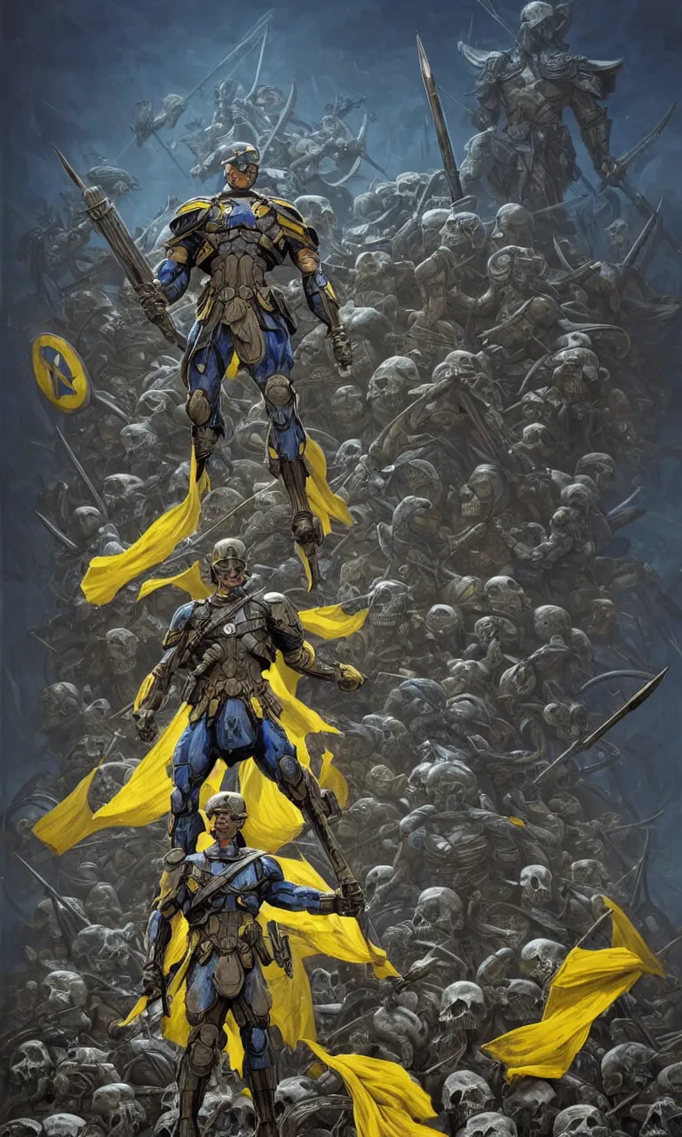 Image similar to a distant shot of a super soldier with blue and yellow flag and a trident symbol standing alone on a huge pile of skulls as a winner, masculine figure, D&D, fantasy, intricate, elegant, highly detailed, extremely detailed, digital painting, artstation, concept art, matte, smooth, sharp focus, illustration, art by Artgerm and Greg Rutkowski and Alphonse Mucha