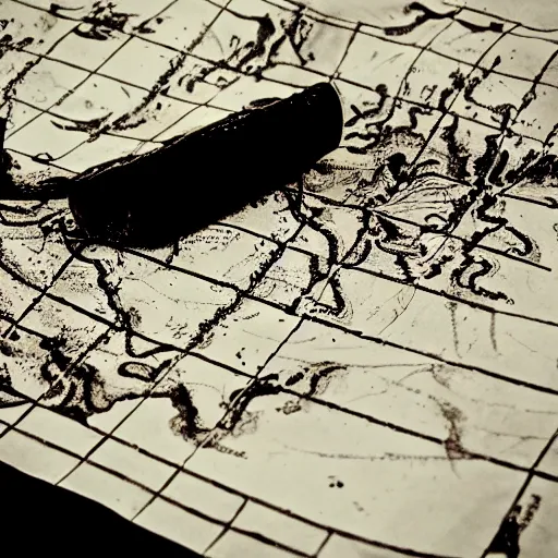 Image similar to blood and black ink spilled on an old treasure map.