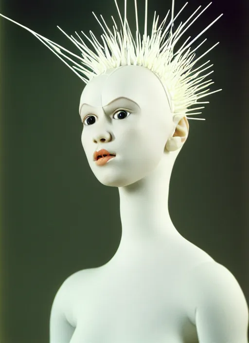 Prompt: realistic photo of a full - height human anatomic head model white rubber clay realistic sculpture doll made of white clay, wearing white tights, covered in very very long brass spikes needles, center straight composition, 2 0 0 0, life magazine photo, museum archival photo