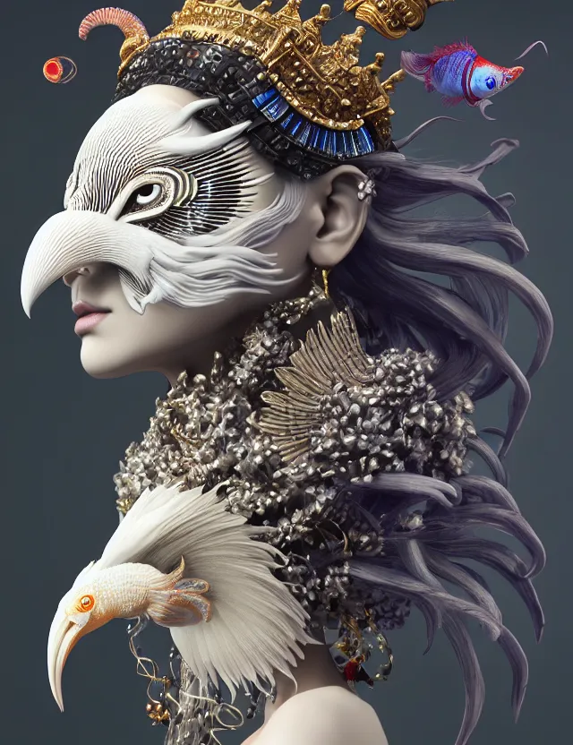 Image similar to 3 d goddess close - up profile portrait with crown, ram skull. beautiful intricately detailed japanese crow kitsune mask and clasical japanese kimono. betta fish, jellyfish phoenix, bio luminescent, plasma, ice, water, wind, creature, artwork by tooth wu and wlop and beeple and greg rutkowski