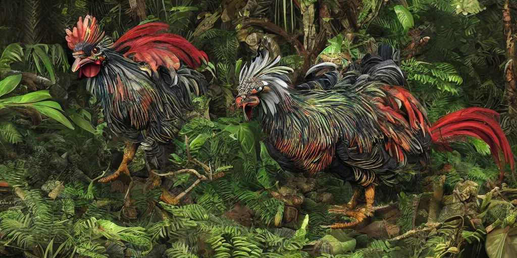 Prompt: fully armoured rooster in a dense jungle, mix of styles, hyper detailed