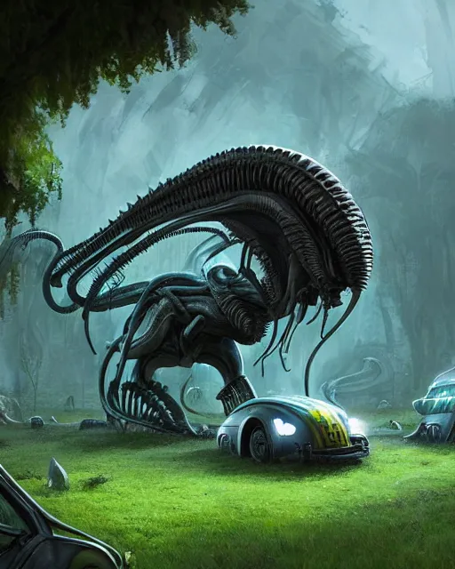 Prompt: xenomorph taxi car in a fantasy village, calming, uplifting mood, ultra realistic, farm, small buildings, highly detailed, atmosphere, masterpiece, epic lighting, elves, green plants, magic, illuminated, 4 k, cinematic, morning sun, art by eddie mendoza, sylvain sarrailh