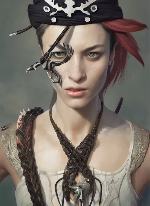 Prompt: a professional digital painting of a pirate with many sets of razor teeth, beautiful bone structure, symmetrical facial features, intricate, elegant, concept art, sharp detail, focused, illustration, smooth render, art style by Ruan Jia and Mandy Jurgens and Ian Spriggs and William-Adolphe Bouguerea