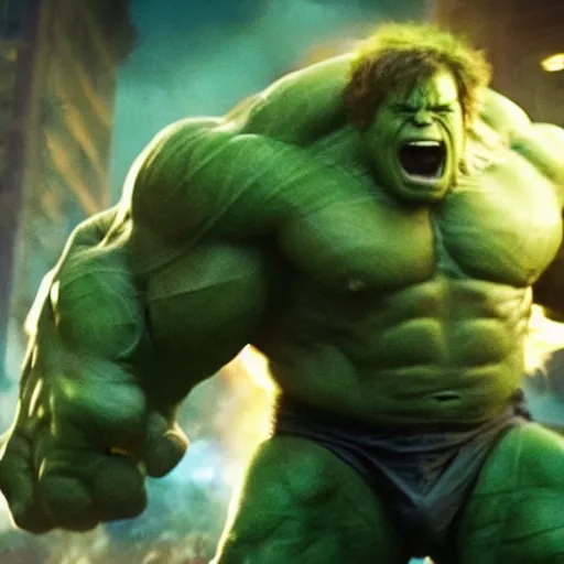 Image similar to a screenshot of Danny Devito playing The Hulk in Avengers: Infinity War