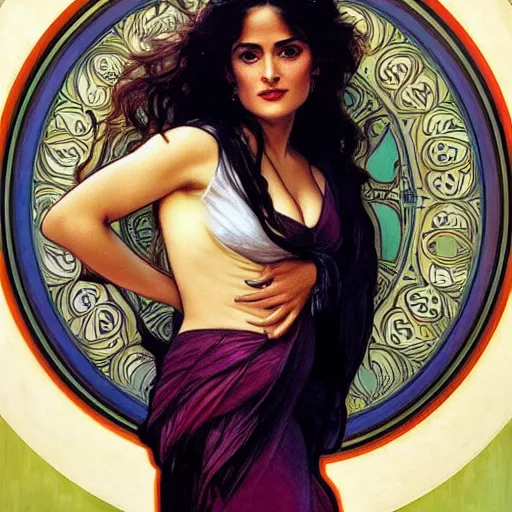 Image similar to salma hayek medium shot portrait by alphonse mucha, perfect proportions, beautiful face, perfect eyes, real life colors, elegant, sharp focus, hyper - realistic, 4 k, highly detailed, hd, dramatic lighting by brom