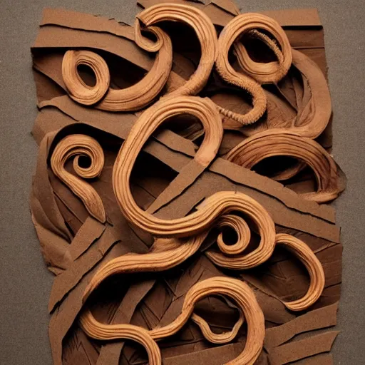 Image similar to tentacles made of brown corrugated cardboard, cut out of cardboard, realistic photography, fantasy