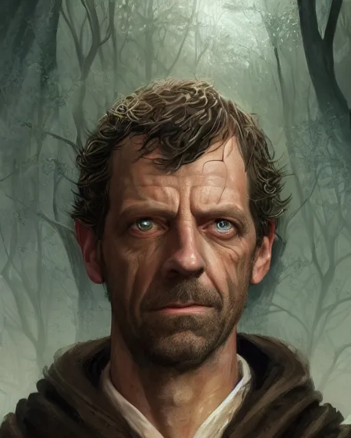 Image similar to detailed portrait of gregory house as a mage, sorcerer robes, cloak, magical, bright spells, fantasy, ruins, overgrown plants, atmosphere, 8 k high definition, insanely detailed, intricate, by charlie bowater, johan grenier