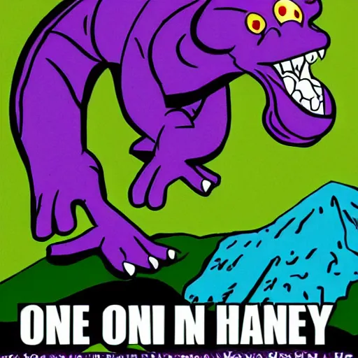 Image similar to barney the purple dinosaur burns in the lava of mount doom clutching the one ring