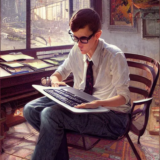 Prompt: skinny nerdy white kid with glasses playing computer games by Stanley Artgerm Lau, greg rutkowski, thomas kindkade, alphonse mucha, loish, norman Rockwel
