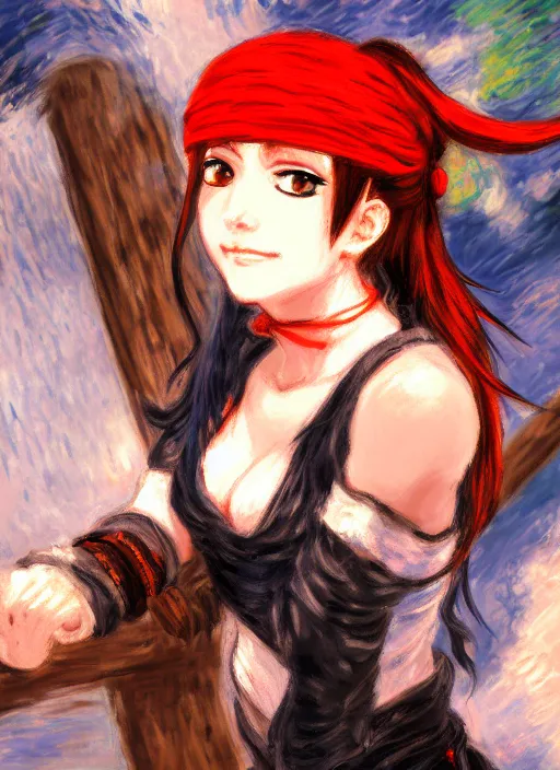 Image similar to a portrait of a female pirate, very anime in impressionist style, anime trending artwork, 4 k, anime painter studio, by claude monet