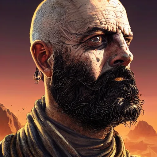 Prompt: portrait painting of a post apocalyptic man, bald, black beard, handsome, desert rander, ultra realistic, concept art, intricate details, eerie, highly detailed, fallout, wasteland, photorealistic, octane render, 8 k, unreal engine 5. art by artgerm and greg rutkowski and alphonse mucha