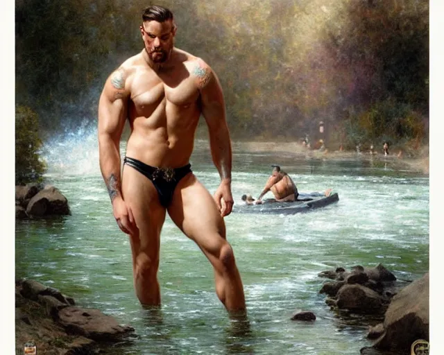 Image similar to handsome tattooed gym bro wades in the river, painting by artgerm, gaston bussiere, craig mullins, j. c. leyendecker, tom of finland