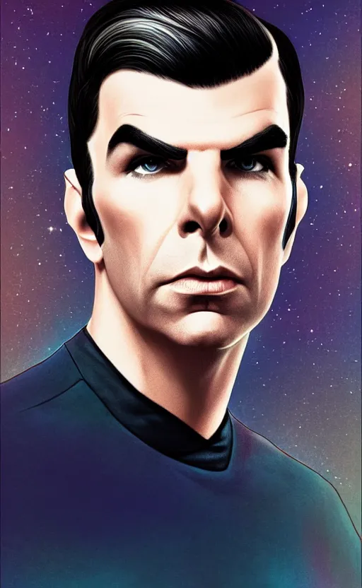 Image similar to : ZACHARY QUINTO SPOCK fanart + digital art + art by J.C. LEYENDECKER + 4K UHD IMAGE + STUNNING QUALITY + CRAYON TEXTURE