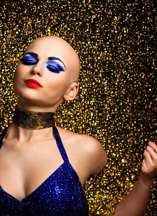 Prompt: wide shot photo of a beautiful bald woman with blue irises, gold and black makeup, tanned skin, dancing in gold rainstorm of glitter