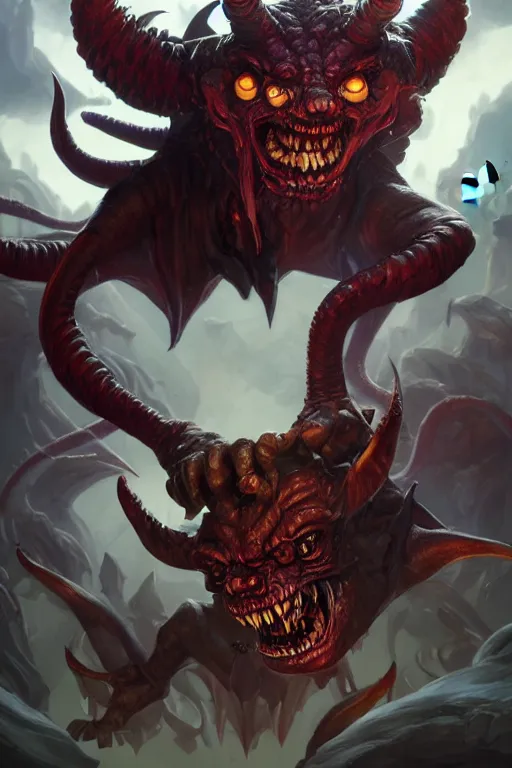 Image similar to demon imp grinning, highly detailed, d & d, fantasy, highly detailed, digital painting, trending on artstation, concept art, sharp focus, illustration, global illumination, ray tracing, realistic shaded, art by artgerm and greg rutkowski and fuji choko and viktoria gavrilenko and hoang lap, sunny