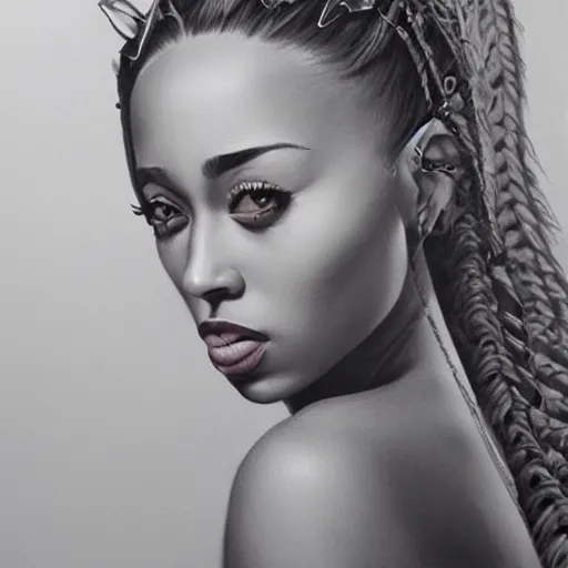 Image similar to pencil art, detailed portrait of doja cat, intricate, hyper detailed, realistic, oil painting, by julie bell, frank frazetta, cinematic lighting