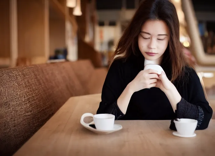 Prompt: beautiful!!!!! young adult woman in a cozy coffee shop wearing an avant garde outfit designed by zaha hadid, close up, natural lighting, 5 0 mm