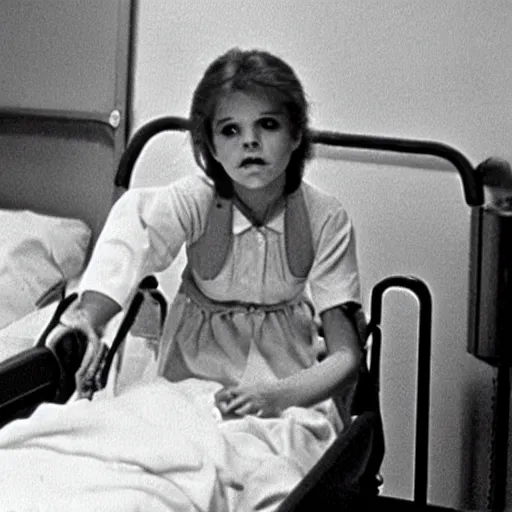 Image similar to young linda blair in the exorcist restrained in a hospital bed