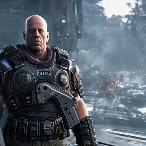 Prompt: a 40 years old Bruce Willis as a buffed gears of war 4 videogame character, undertailed, 8k render,