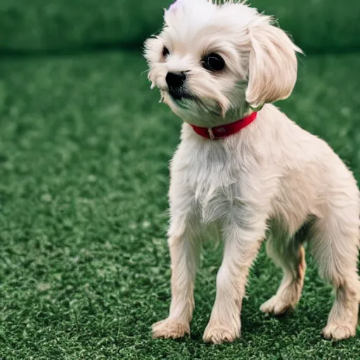 Image similar to photo of maltese puppy dog standing on hind leg begging for food, photorealistic