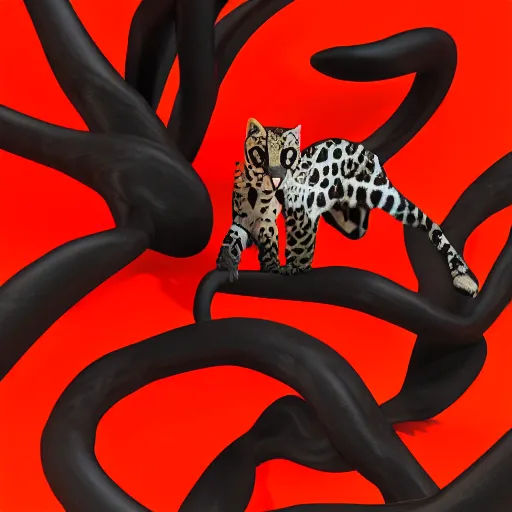 Image similar to profile shot of a black and red ocelot, dramatic, cinematic, high contrast, octane render, abstract, 4k