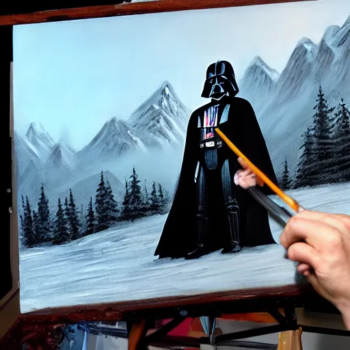 Image similar to a closeup photorealistic photograph of bob ross working on a canvas painting of darth vader. film still. brightly lit scene. mountains and trees. this 4 k hd image is trending on artstation, featured on behance, well - rendered, extra crisp, features intricate detail, epic composition and the style of unreal engine.