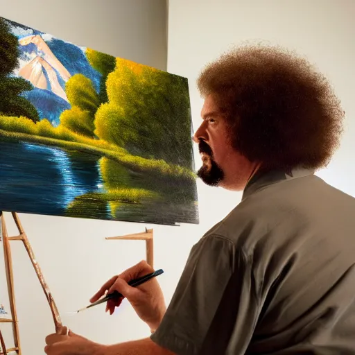 Image similar to a closeup photorealistic photograph of bob ross placing the finishing touches on a canvas painting of kenny powers. mountains and trees. film still. brightly lit scene. this 4 k hd image is trending on artstation, featured on behance, well - rendered, extra crisp, features intricate detail, epic composition and the style of unreal engine.