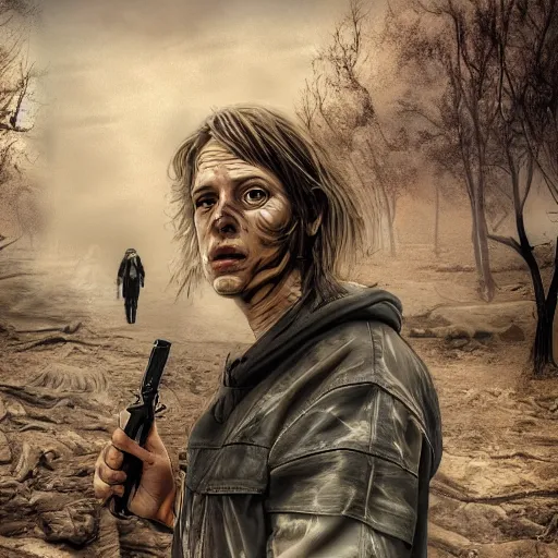 Image similar to the last selfie of mankind, post apocalyptic, digital art, highly detailed, photo realistic