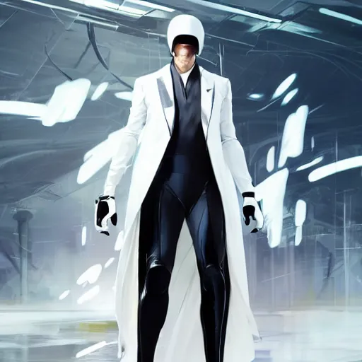 Prompt: full body portrait of a male character in sleek clothes, in a futuristic flowing white tailcoat, wearing a white full-face helmet with five round lenses for eyes, many eyes, dramatic lighting, illustration by Greg rutkowski, yoji shinkawa, 4k, digital art, concept art, trending on artstation