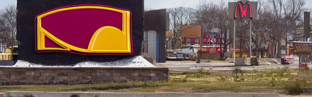 Prompt: fast food taco bell mcdonalds logo advertising signs decaying and torn ripped burned old rusted