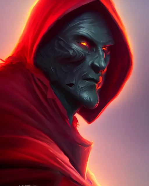 Prompt: painting of a wicked cool baron in a hooded dark red cloak with a soft glow instead of a face, fantasy, artstation, cgsociety, ultra high detail, stylized, centered, close up shot, full head in view
