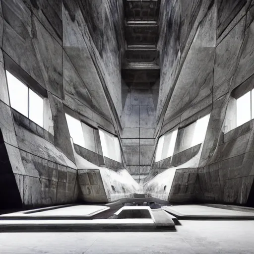 Image similar to architectural digest photo, inside a moody dramatic cavernous huge brutalist cement temple, a giant metallic pyramid made out of high - end hi - fi equipment and futuristic 1 9 8 0's computer screens and displays and computers topped with the giant screaming head of a man, ultra - detailed, photorealistic, volumetric lighting and fog