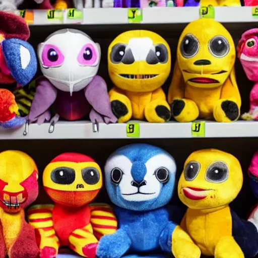 Prompt: a shelf of chupacabra plush dolls at a toy store, NYtimes photo