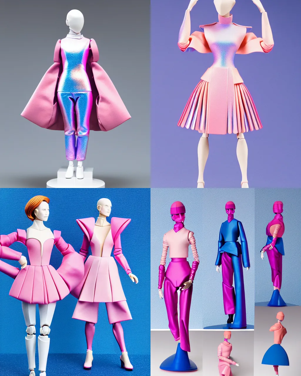 Prompt: action figure collection ball shaped accordion sleeve haute couture, sailor uniform, coat, synthetic curves striking pose, dynamic folds, cute pockets, volume flutter, youthful, modeled by modern designer bust, body fit, award fashion, picton blue, petal pink gradient scheme, holographic tones, expert composition, professional retouch, editorial photography