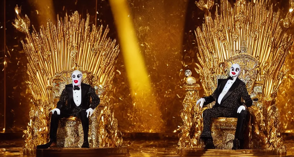 Prompt: shining majestic throne made of millions of diamonds, gold and zaphires with thousands of light reflections, and a clown on a tuxedo suit is sitting on the throne while handing a golden globe, cartoon style, dramatic light