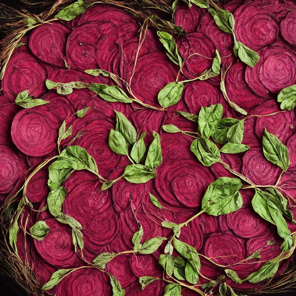 Image similar to large spiral of giant cut beetroots, with embroidered leaves and fractal roots, over vivid dark wood table, food photography. super detailed. masterpiece