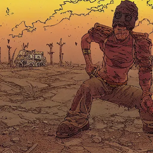 Prompt: post - apocalyptic dancer in the wasteland, toxic dust storm, by moebius and geof darrow