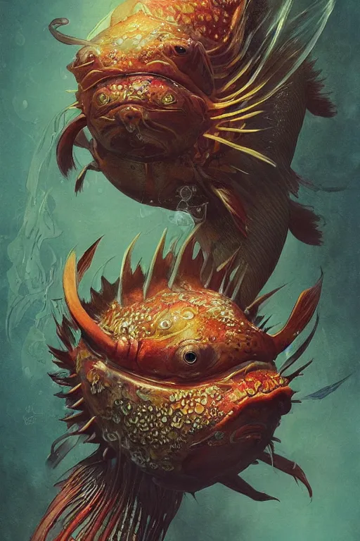 Image similar to a portrait of a japanese fish devil animal illustrated by miyazaki by karol bak, james jean, tom bagshaw, rococo, sharp focus, trending on artstation, cinematic lighting, hyper realism, octane render, 8 k, hyper detailed, vivid, ultra detailed, highly detailed