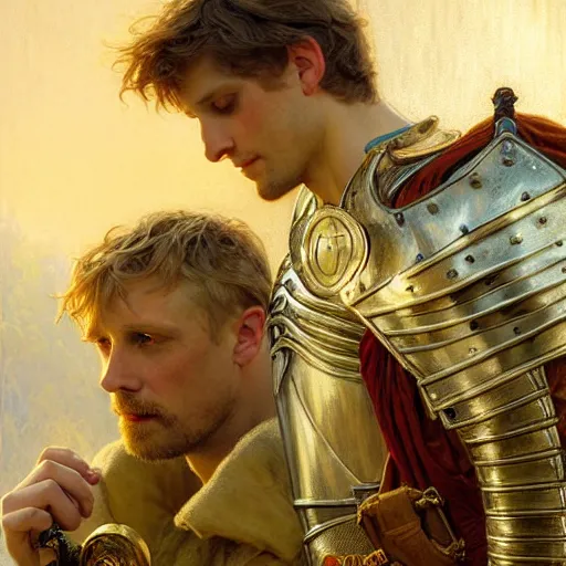 Image similar to attractive arthur pendragon and his attractive male knight, they are in love, natural lighting, path traced, highly detailed, high quality, digital painting, by gaston bussiere, craig mullins, alphonse mucha j. c. leyendecker