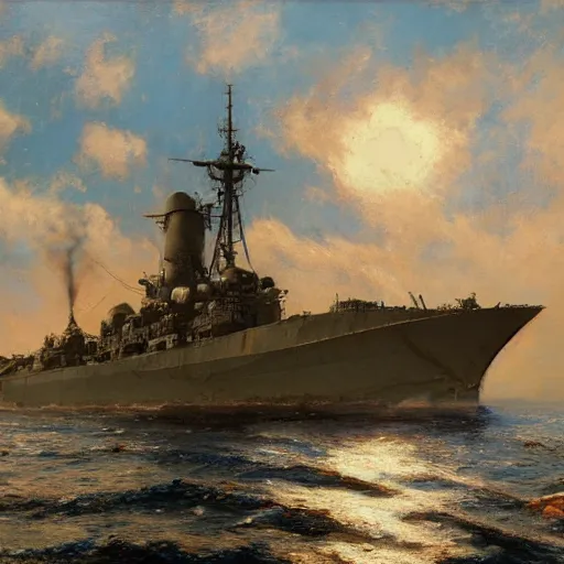 Image similar to detailed cinematic wide shot of world war 2 battleship, ultra realistic, spring light, painting by gaston bussiere, craig mullins, j. c. leyendecker