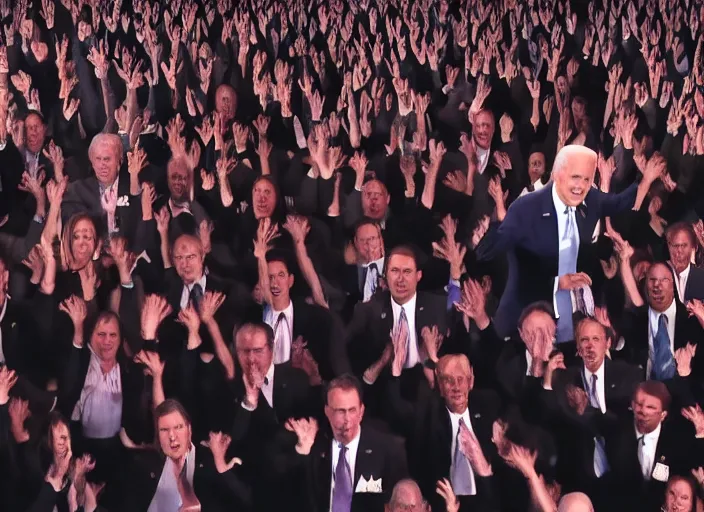 Image similar to joe biden in a thousand hands dance, cinematic, symmetrical 8 k