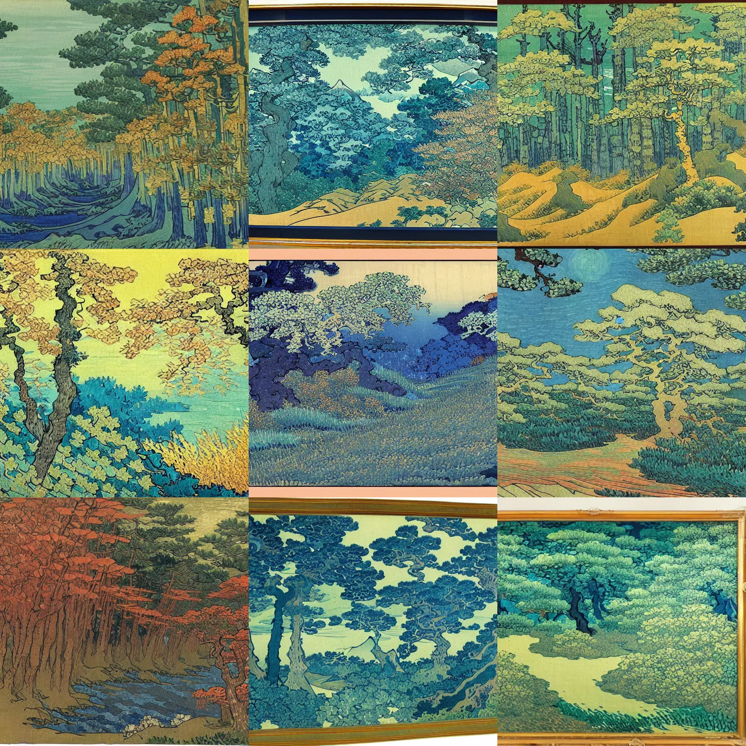 Prompt: a beautiful forest landscape painting by hokusai and van gogh