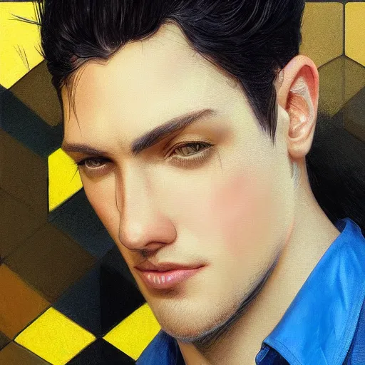 Image similar to ultra realistic illustration, a young man with black hair, in a checkered yellow shirt, with blue eyes, highly detailed, digital painting, artstation, concept art, smooth, sharp focus, illustration, art by artgerm and greg rutkowski and alphonse mucha