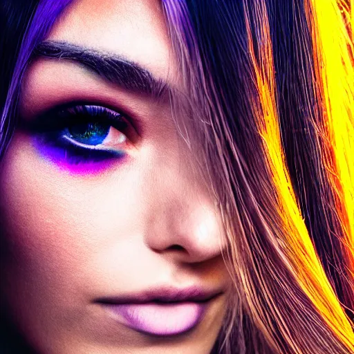 Image similar to goldenhour selfie photo of a stunningly beautiful model with large symmetrical violet eyes and flowing iridescent hair, rainbow light spectrum caustics and shadows cast by the blinds